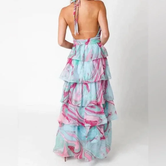 NWT OLIVACEOUS Candy Swirl Pink & Green Tiered Maxi Dress Halter Neck Sz Large - Picture 9 of 10